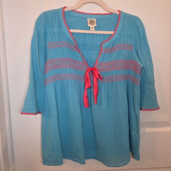 Ivy Jane Tops - IVY JANE Turquoise Embroidered Flare Sleeve Top Size Small Boho Peasant